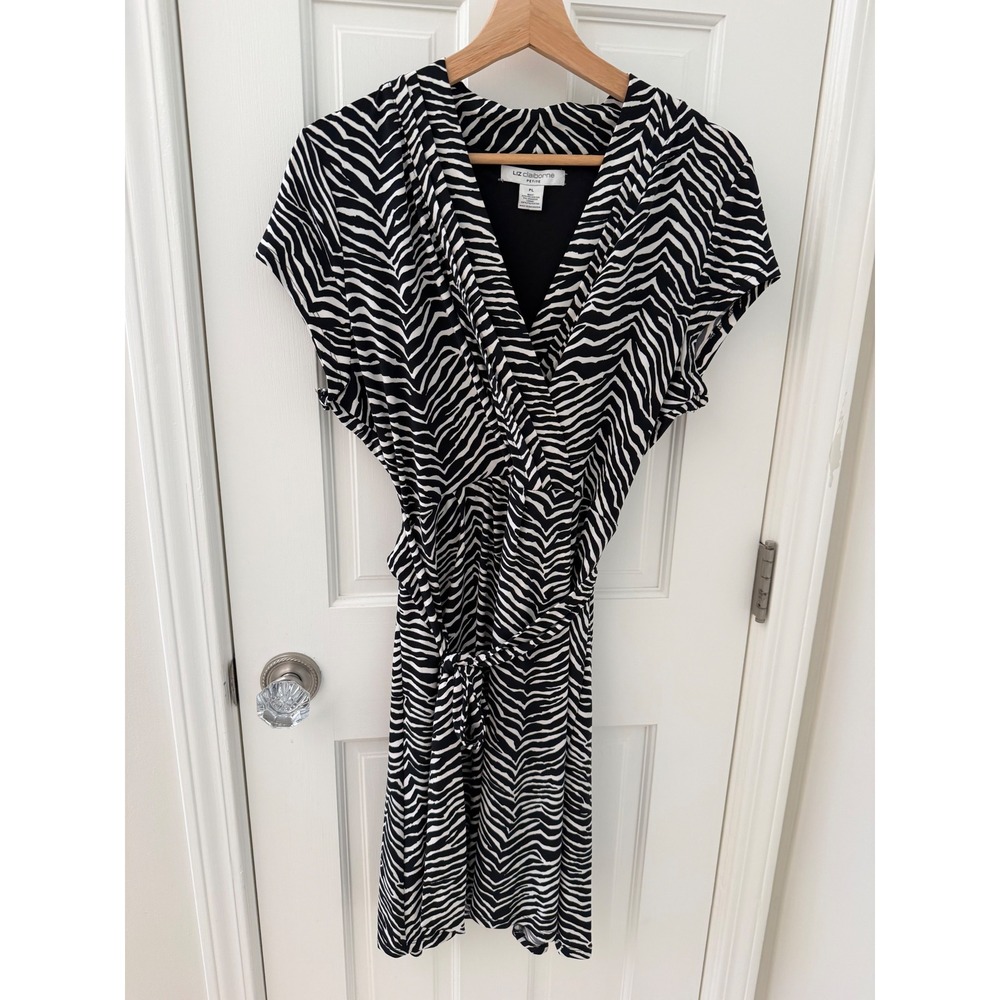 Liz Claiborne Zebra Print Wrap Dress Black White PL Stretch Petite